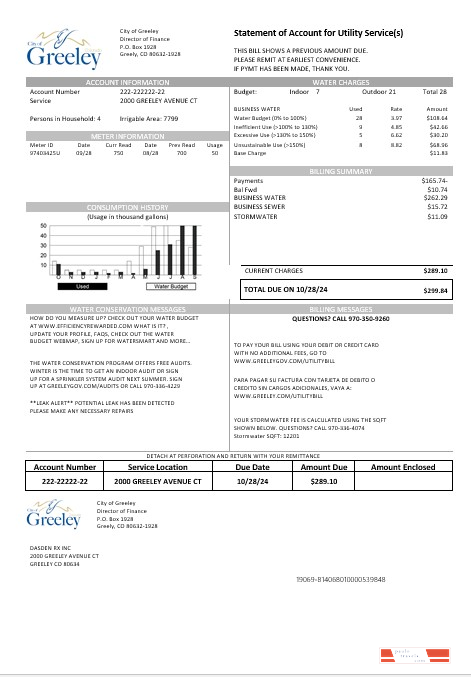 USA Colorado City of Greeley water business utility bill template in Word and PDF formats
